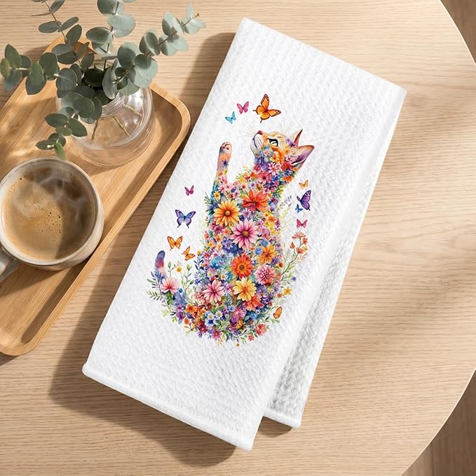 2 Pcs Flower Cat Kitchen Towels, Floral Cat Hand Towel for Bathroom Decor, Kitten Dish Tea Towel for Kitchen Home Bathroom Decor, Pet Gifts for Kitten Lovers Women Girls, 24x14 Inch