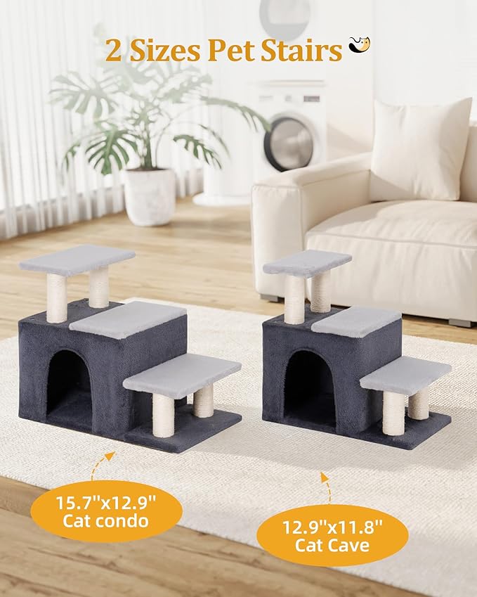 Aechonow 3-in-1 Pet Stairs for Cats, Dog Steps for Small Doggie Rabbits, 6.29''Depth Cat Stairs, Indoor Cat Ladders for High Bed for Pet's Joints, 1 Cat Condo Cave, Sisal Scratcher, Grey, Medium