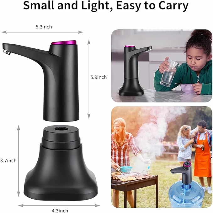 5 Gallon Water Pump, Water Dispenser for 5 Gallon Bottle, USB-C Rechargeable Water Jug Dispenser, Portable Automatic Water Pump for Home, Black