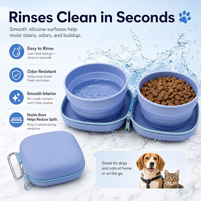 Portable Dog Bowl, Collapsible 2-in-1 Travel Dog Bowls with Carabiner Clip, Silicone Double Pet Food and Water Dish for Outdoor Camping and Hiking (Blue)