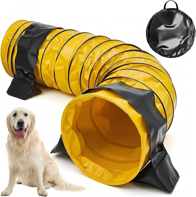 Briwooody 24 in 10 Foot PVC Dog Agility Tunnel with Sandbags Dogs Agility Training Equipment Tunnel with 2 Pack Sandbags, Carry Bag and 4 Ground Spikes for All Medium Large Dogs(Yellow)