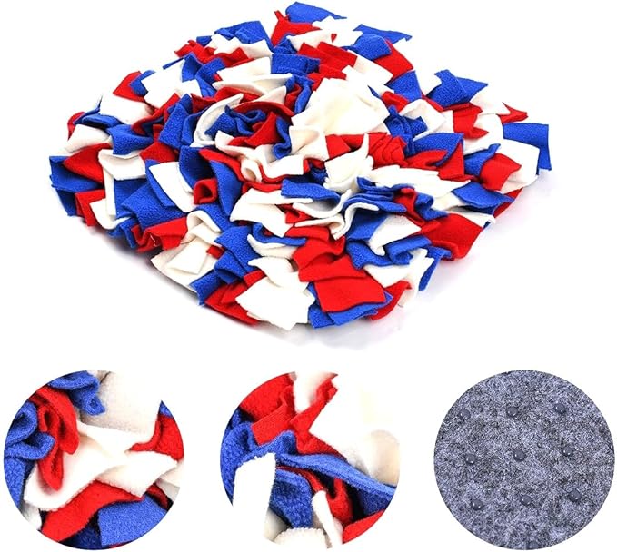 Pet Fleece Snuffle Mat Square Shape Foraging Mats Interactive Feeding Toy Anti Slip Slow Feeder Treat Dispenser for Dog Rabbit Guinea Pig (Blue/White/Red)