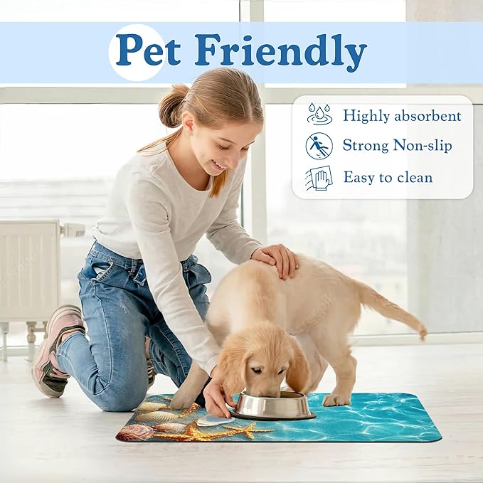 Starfish Seashell on Beach Pet Feeding Mat for Floors–Absorbent Quick Dry Dog Cat Bowl Mat for Food and Water, Non Slip Waterproof Base, Mess-Free Feeding Accessories 12"x20"