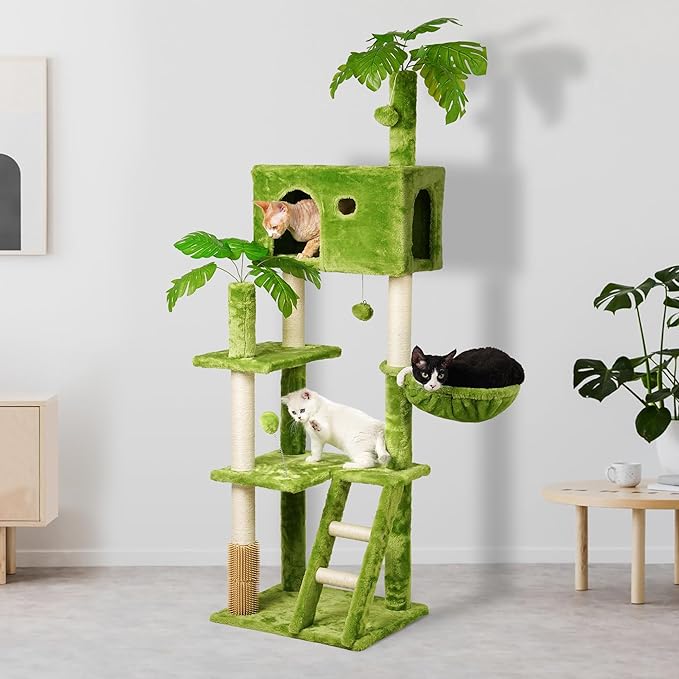 Meecal 65in Tall Cat Tree with Leaves for Indoor Cats, Green Cat Tower with Scratching Post,Hanging Hammock,Cozy Perch,Swing Ball,Self Groomer and Cat Ladder,Cat Tree Tower