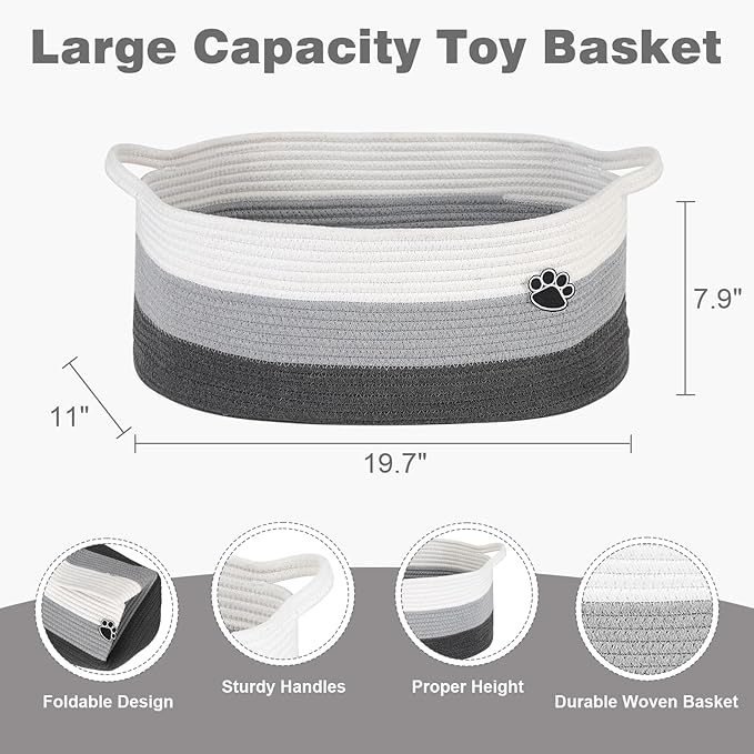 Optish Dog Toy Basket, Toy Storage Box and Bin with Handles, 19.7" X 11" X 7.9" (30L) Large Woven Rope Basket for Blankets, Living Room, Bedroom, White & Grey