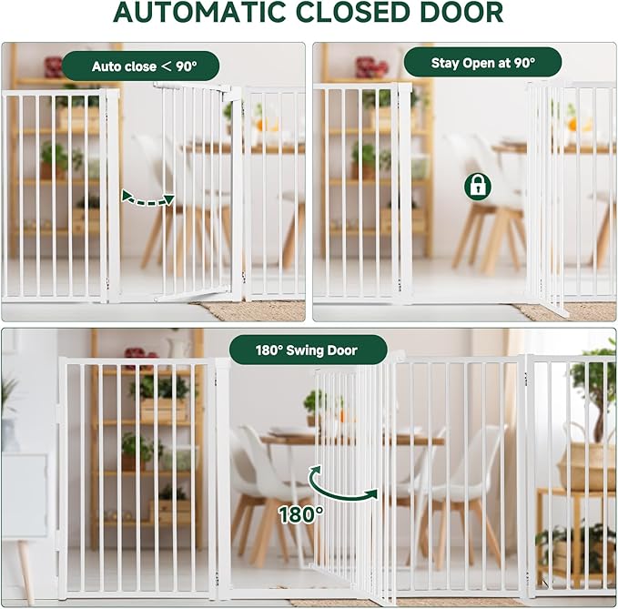 Snagle Paw Metal Freestanding Dog Gate with Door, 80” W x 32” H Dog Fence with Support Feet for Doorways, Stairs and Hallways, Portable Pet Gate for Indoor Use (4 Panel, White)