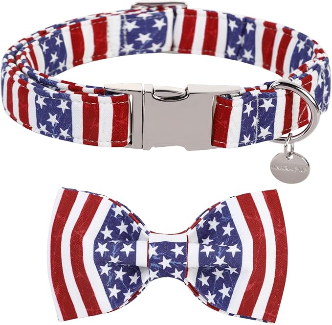 Dog Collar With Bow Tie, 4th of July Comfortable Cotton, American Flag for Medium Girl Boy, Patriotic Bowtie With Metal Buckle, M