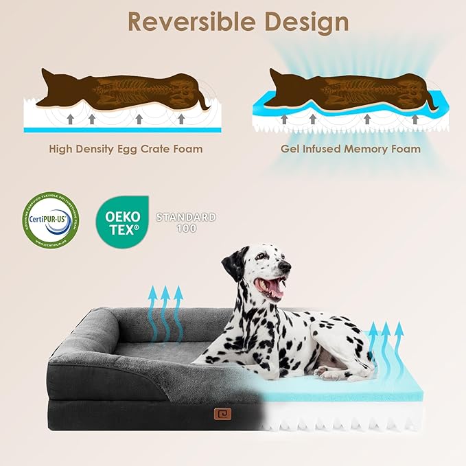 EHEYCIGA Orthopedic Dog Bed for Large Sized Dog, 36x27 Inch Large Memory Foam Dog Couch Bed with Sides, Waterproof Liner & Washable Removable Cover, Bolster Pet Sofa, Grey/Black