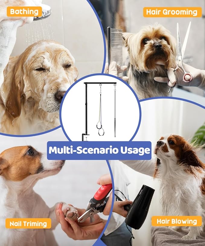 Dog Grooming Arm with Clamp for Small Dog, Adjustable Height to 33in, Pet Grooming Arm for Table with 1 Loop Noose & 2 No Sit Haunch Holder for Home & Store Nail Trimming (Table Not Include)