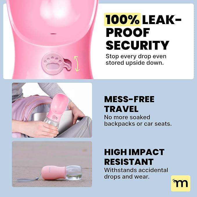 MalsiPree On the Go Dog Water Bottle Dispenser - 12 oz Pink - Leak-Proof Lock & One-Hand Operation - Pet Travel Bottle with Built-in Bowl, for Travel, Trail Hiking, Park Visit, Camping & Beach Days