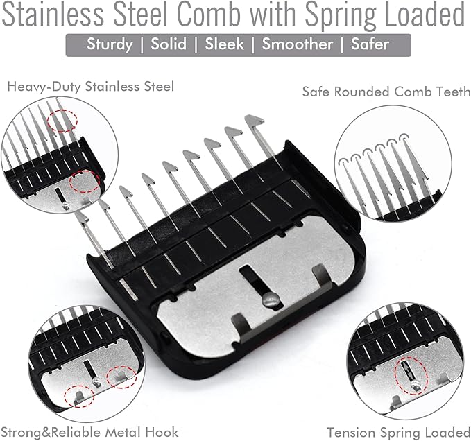 Professional A5-Style Animal Clipper Stainless Steel Color-Coded Snap-on Attachment Guard Guide Comb, 1/8"-1" Compatible with Wahl KM Series Oster A5 Andis Detachable Blade Pet Dog Groomers (#1-1/8")