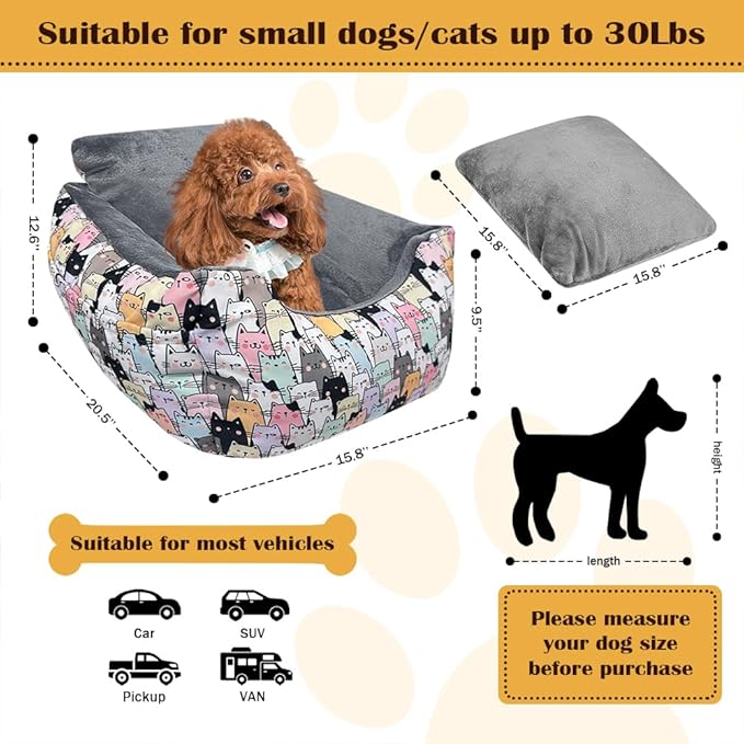 Dog Car Seats for Funny Fuzzy Pet Dogs Booster Car Seat Puppy Under 32 Lbs with Soft Plush Cushion&Washable Removable Cover