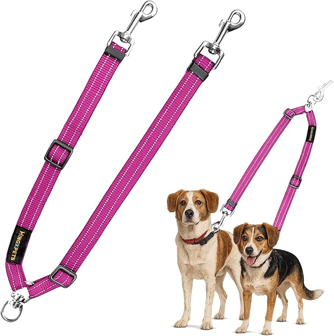 MingXpet Double Dog Leash for Two Dogs, No Pull Dog Leash, 360° Swivel No Tangle for Medium Dogs Walking & Training, Shock Absorbing Reflective Bungee, Rose