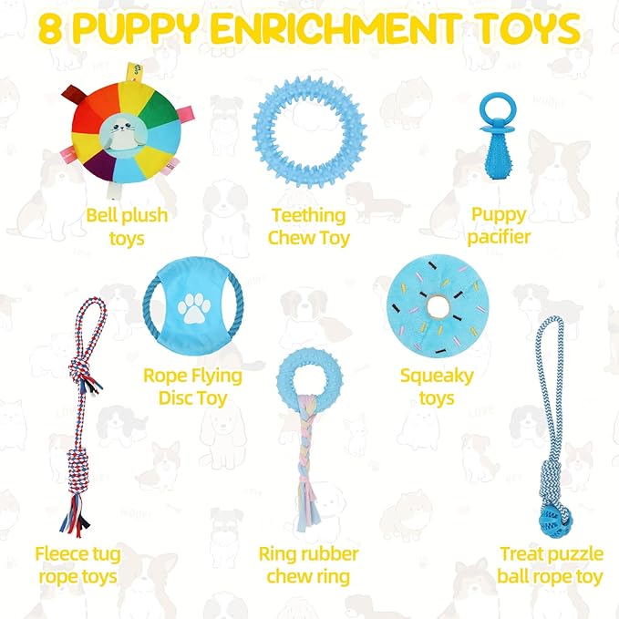 Puppy Play Gym with Hanging Toys, Dog Indoor Jungle Gym as Activities Center for Puppies, PVC Frame with 8 Enrichment Toys for Small Dogs Kitten and Other Pets