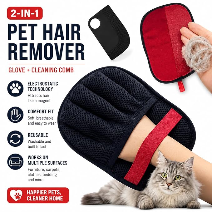 Pet Hair Remover & Grooming Glove Reusable Fur Remover Tool for Dogs & Cats – Large Electrostatic Lint Remover for Furniture, Couch, Clothes,Carpet & Car