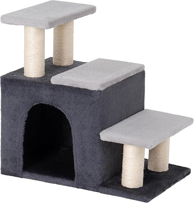 Aechonow 3-in-1 Pet Stairs for Cats, Dog Steps for Doggie Rabbits,7.8'' Depth Cat Stairs,Indoor Cat Steps for High Bed for Pet's Joints, Soft Plush, 1 Big Cat Condo Cave, Sisal Scratcher, Grey, Large