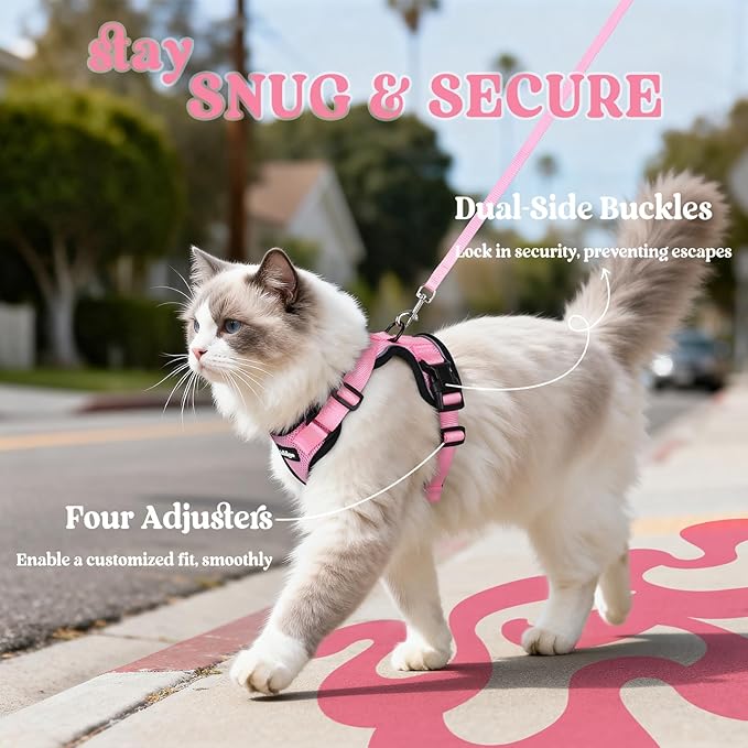 rabbitgoo Cat Harness and Leash Set, Escape Proof Vest Harness for Safe Outdoor Walks, Soft Breathable Adjustable Vest with Reflective Strips for Small and Average Cats, Pink, S