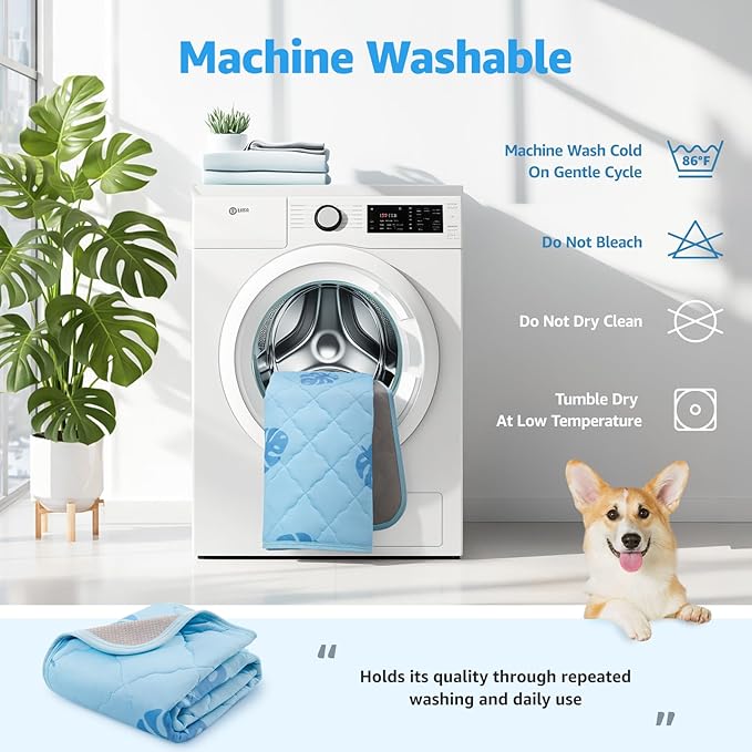 LOOBANI Dog Cooling Mat for Large Dogs 65"x48"- Pet Cooling Mat with Anti-Slip Bottom, Waterproof Self-Cooling Dog Pad for Crate, Floor & Car, Grey Monstera (Blue, 65"x48")