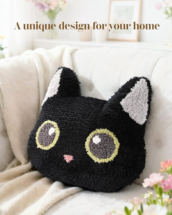 Black Cat Shaped Throw Pillow - Cute Decorative Plush Throw Pillow for Couch, Sofa, or Living Room, 13" x 13" Soft Stuffed Cushion for Home Decor