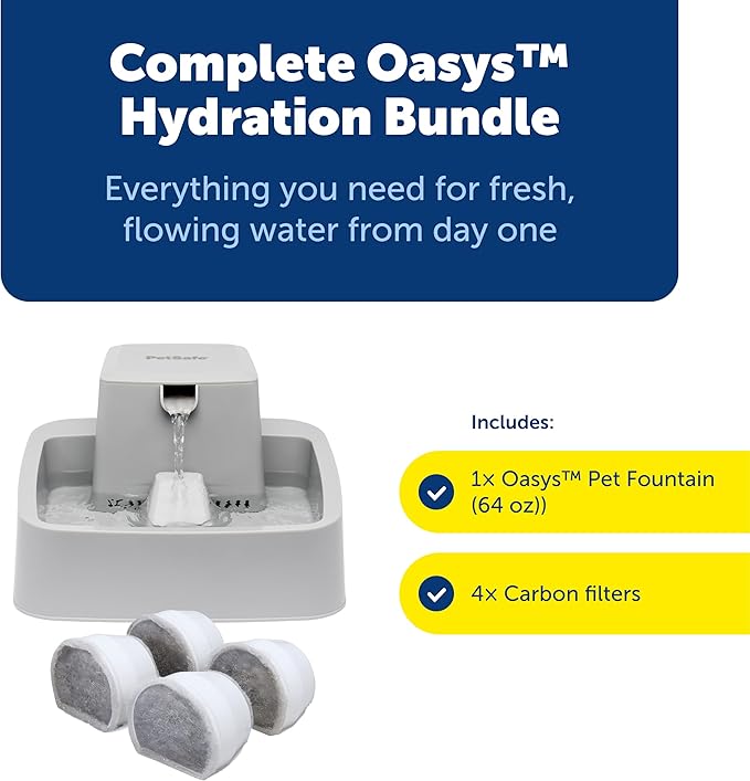 PetSafe Oasys 1/2 Gallon Pet Fountain for Cats and Small Dogs 1/2 Gallon Water Capacity Adjustable Flow Control Fresh, Filtered Water Easy to Clean - Extra Filters Included