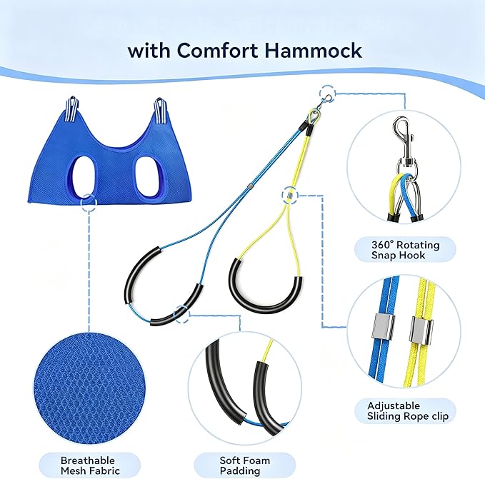 Dog Grooming Arm with Pet Grooming Hammock, 27”-42” Adjustable Grooming Stand with No Sit Haunch Holders and Loop Noose, Grooming Restraint for Small and Medium at Home or Salon
