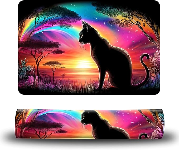 Dog Food Mat, 19.6" x 23.6" Absorbent Pet Feeding Mat for Food and Water, Waterproof Diatom Mud Pet Placemat with Non-Slip Rubber Backing, Cat Bowl Mat for Floors - Sunset Cat Back View
