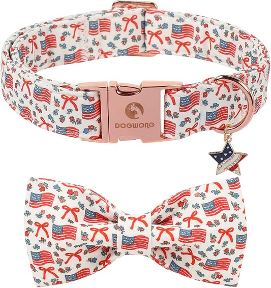DOGWONG American Flag Dog Collar with Bow - Adjustable and Comfortable 4th of July Dog Collar Patriotic Necklace for Large Medium Small Pet,M