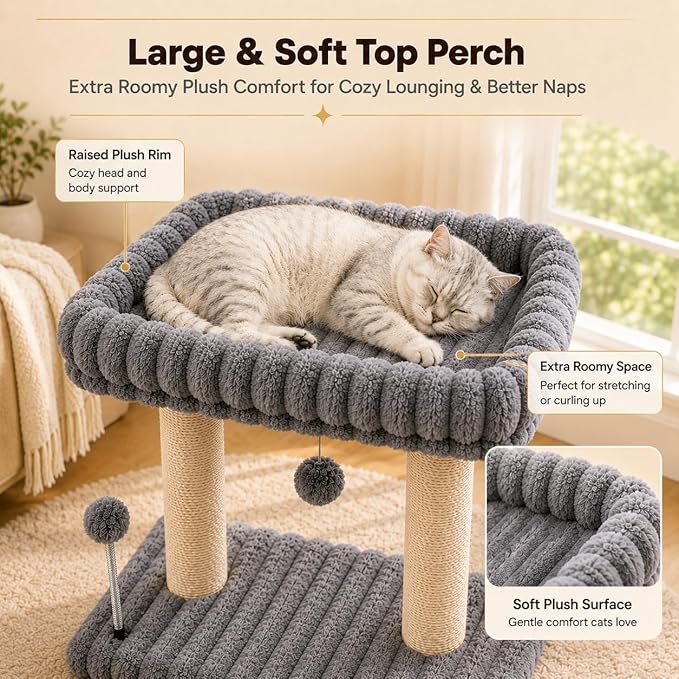 Cat Tree with Cat Scratching Post for Indoor Cats,Small Cat Tower with Soft Large Perch Bed Sisal Scratcher for Medium Cats and Kitten,Activity Play Centre Spring & Hanging Toy Balls,Grey