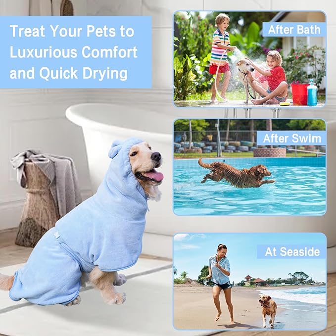 Pet Bathrobe for Dog Cat Absorbently Quick Drying Coat Cute Dogs Bath Towel Hooded Robe Adjustable Collar & Belly Strap for Pool Beach (Blue, Small)