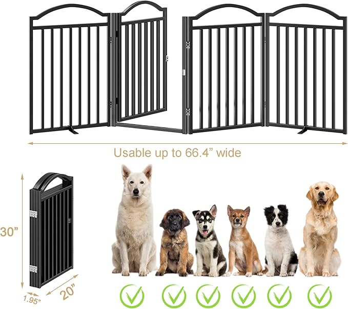BHG Metal No-Assembly Freestanding Dog Gate with Door Walk Through, Extra Wide 80", Extra Tall 30" Pet Gate, Accordion Puppy Folding Playpen Dog Fence for Indoor & Outdoor, with 2PCS Support