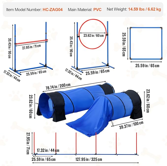 VEVOR Dog Agility Training Equipment, 13pcs Dog Agility Course Backyard Set, 2 Tunnels with Sandbags,Adjustable Hurdles,Weave Poles,Jump Ring,Pause Box, Puppy Obstacle Course Kit with Storage Bag