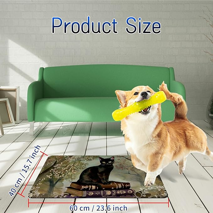 Dog Food Mat, 15.7" x 23.6" Absorbent Pet Feeding Mat for Food and Water, Waterproof Diatom Mud Pet Placemat with Non-Slip Rubber Backing, Easy Clean Cat Bowl Mat for Floors - Book Cat Gray