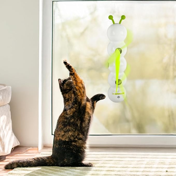 ALL FOR PAWS Interactive Cat Toy for Indoor Cats, Automatic Motion Activated Fluffy Tail Cat Toy, Electric Teaser Wand for Kittens & Bored Cats, USB Rechargeable Caterpillar Toy with Suction Cup