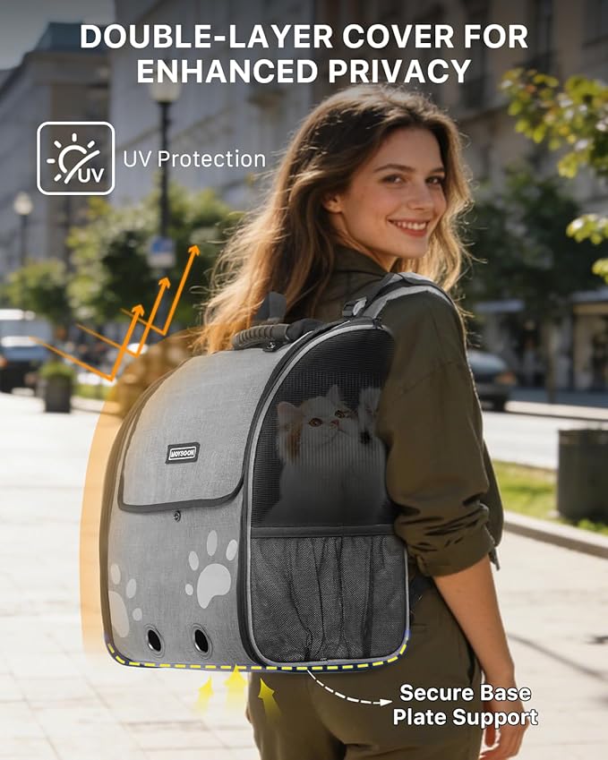 Cat Backpack Carrier with Comfort Handle, Ventilated Cat Backpack with Reflective Strips, with Chest and Shoulder Buckles, Foldable Cat Carrying Backpack for Kitty Small Dog up to 15lbs(Grey).