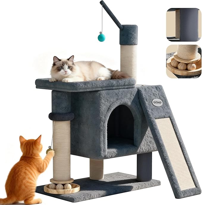 【Scratch & Playhouse】 PetDance Small Cat Tree Tower with Scratching Posts【100% Natural Sisal】, Wood Track Ball Toy & Self-Grooming Brush for Bored Indoor Cats, Mist Blue