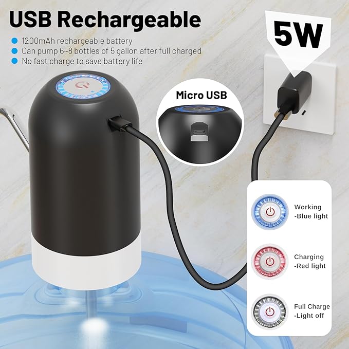 Myvision Water Dispenser for 5 Gallon Bottle, Portable USB Charging Electric Water Pump, Drinking Water Jug Pump for Home, Kitchen, Living Room, Office, Camping, Universal for 3-5 Gallon (Black)