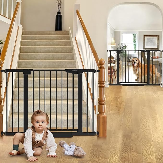 Cumbor 2 Pack 30-46" Baby Gate for Stairs, Mom's Choice Awards Winner-Auto Close Dog Gate for doorways, Easy Install Pressure Mounted Pet Gates Indoor, Easy Walk Thru Wide Safety Gate for Dog, Black