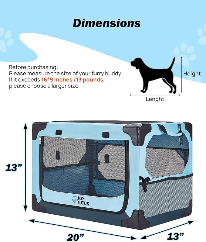 JOYTUTUS Pet Day Special, 20 Inch Collapsible Dog Crate, Steel Frame 8-Bar Foldable Soft Kennel, Portable Travel Crate for Puppy & Small Dog Up to 13lbs, Oxford Cat Carrier for Car Indoor Outdoor