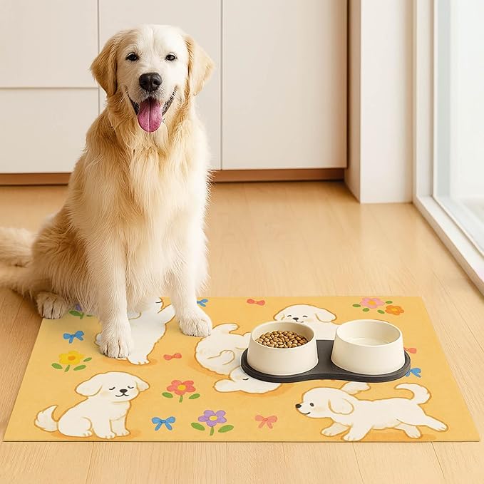 HOMETITUTE Bichon Frise Pet Food Mat Cute Spill-Proof Dog Water Bowl Mat Funning Mats for Cat Food and Water Bowls Cute Easy Clean Dog Bowl Mats Pet Placemat 20" x 12" Fast Dry Pets Feeding Pad