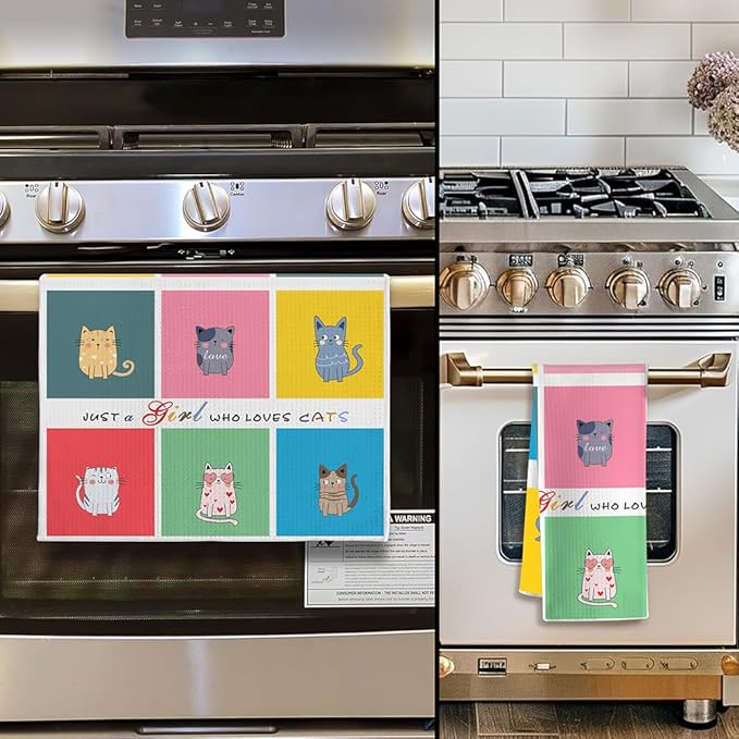 Quick-Dry Cat Kitchen Towels - Multi-Kitten Mosaic Art with 'Cat-Adoring Girl' Motif, Hand Towel & Dish Cloth for Women Who Cherish Kittens & Pet Mom Devotees - Perfect for Decorating Your Kitchen