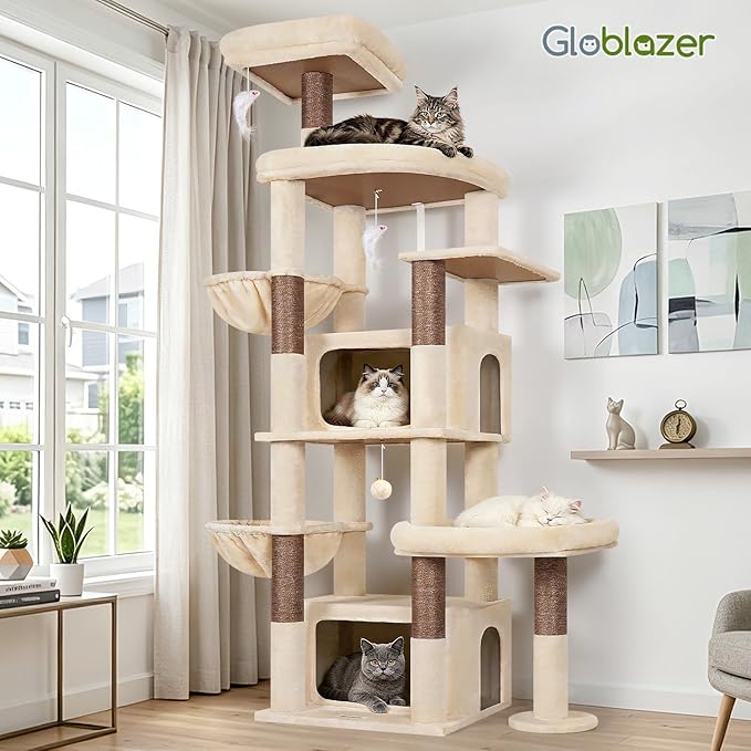 Globlazer 75in Sturdy Cat Tree for Large Cats, Heavy Duty Multi-Level Cat Tower for Indoor Cats with Extended Platform, 2 Spacious Condos, 2 Padded Perches, 6 Sisal Scratching Posts, S75, Beige