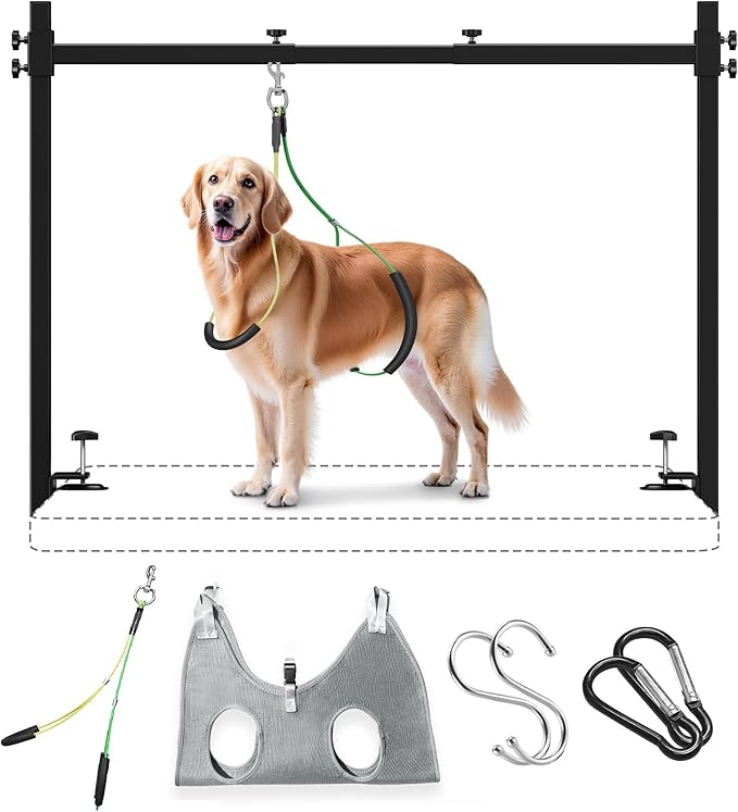 Dog Grooming Arm for Table, L Size, Adjustable 42" Height & 31"–43" Width, H-Shape Stable Grooming Stand, Clamp Fits up to 2.76", with Hammock & 2 Nooses for Home Grooming & Nail Trimming