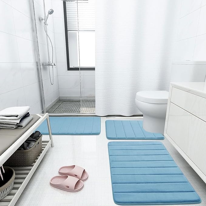 Buganda Memory Foam Bath Mat, 24" x 16", Ultra Soft and Non-Slip Bathroom Rugs, Water Absorbent and Machine Washable Bath Rug for Bathroom, Shower, and Tub, Blue
