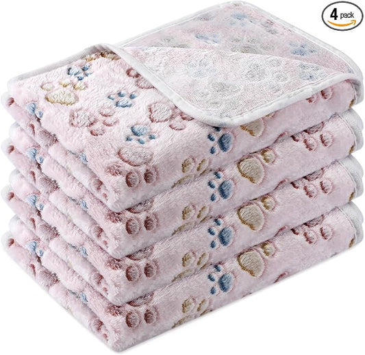 Tatuo 4 Pack Fleece Dog Blankets for Puppy Cats Multi-Size Sleep Mat for Pet Guinea Pig Soft Washable Warm Crate Bed Puppy Teething Toys Print Pattern Blanket Indoor(Beige,30 x 20.5 Inch,Paw)