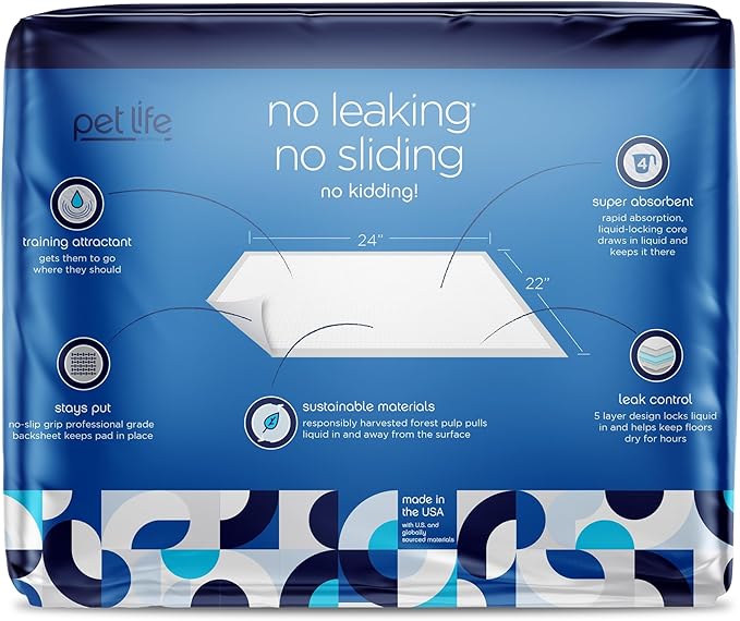 Pet Life Unlimited Leak-Proof Slide-Proof Puppy Pads for Dogs, Potty Training Pee Pads, 50 Count, Size Large, 22"x 22", Super Absorbent Quick-Dry with Odor-Control, Sweet Bluegrass Scent, Made in USA
