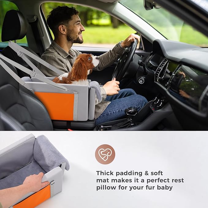 Avont Center Console Dog Car Seat with Double Protection Seat Belts, Armrest Middle Console Booster Travel Carrier for Small Dogs Cats with Storage Pockets, Well-cushioned, Anti-anxiety -Light Grey