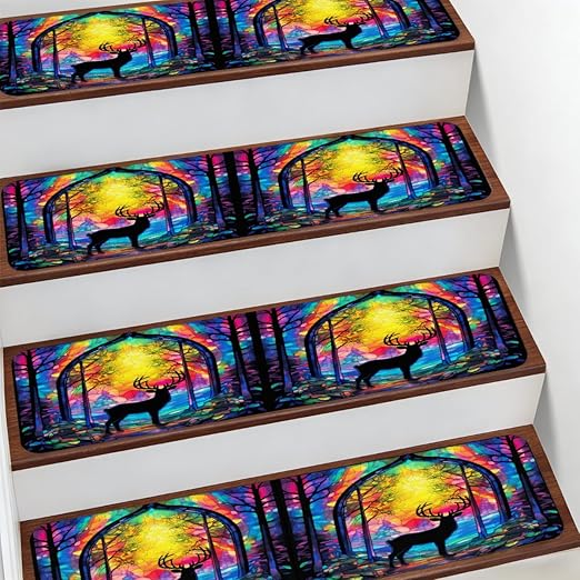 Animal Colorful Deer Stair Treads for Wooden Steps Indoor Washable Staircase Carpet 1PCS 30"x7.8" Stair Step Treads Non-Slip Staircase Covers Peel and Stick Safety Mat for Kids Elders Pets
