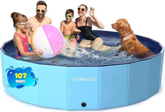 COMMOUDS 107 Inch Extra Large Foldable Dog Pool, Collapsible Hard Plastic Dog Kiddie Swimming Pool, Portable Pet Bath Tub Wading Pools for Kids and Puppy Small Medium Large Dogs