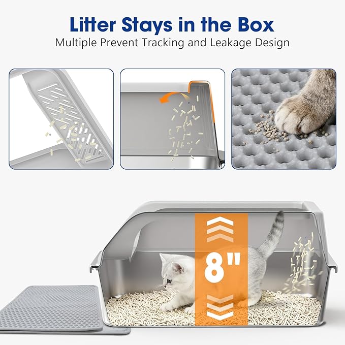 Stainless Steel Litter Box, Enclosed Metal Cat Litter Box with High Sides Lid for Small Cats,High Sided, Anti-Urine Leakage, Non-Stick Bottom & Includes Litter Mat & Cat Litter Scoop