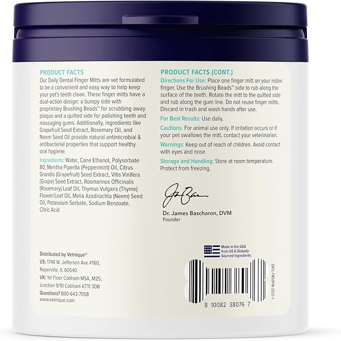 Vetnique Dentabliss Cat & Dog Teeth Cleaning Dental Wipes, Dog Toothbrush Alternative Finger Mitt Pet Wipes, Tartar & Breath Freshener, Vet Formulated Pet Dental Care, 50ct (Peppermint Flavored)